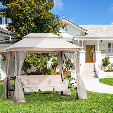 Outdoor 2-in-1 Convertible 3-Seater Swing Chair Bed with Nettings - Cream White & Black