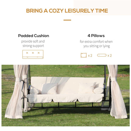 Outdoor 2-in-1 Convertible 3-Seater Swing Chair Bed with Nettings - Cream White & Black