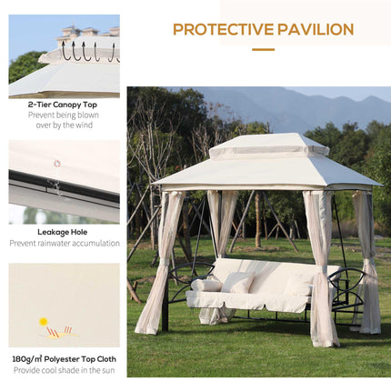 Outdoor 2-in-1 Convertible 3-Seater Swing Chair Bed with Nettings - Cream White & Black
