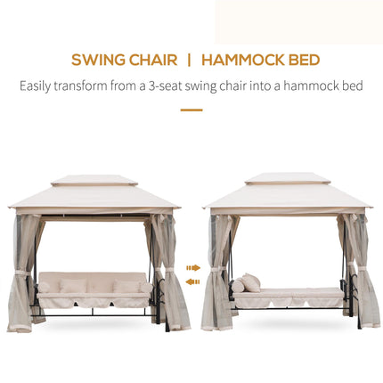 Outdoor 2-in-1 Convertible 3-Seater Swing Chair Bed with Nettings - Cream White & Black