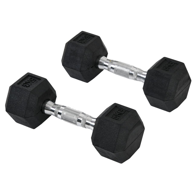 Set of 2 Rubber Hex 5kg Dumbbells Non-Roll Fitness Weights - Black