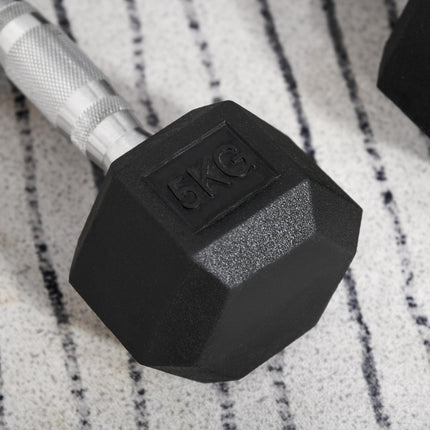 Set of 2 Rubber Hex 5kg Dumbbells Non-Roll Fitness Weights - Black