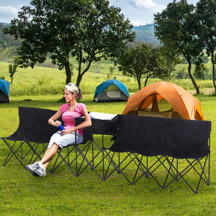 6-Seater Folding Steel Camping Bench with Cooler Bag - Black
