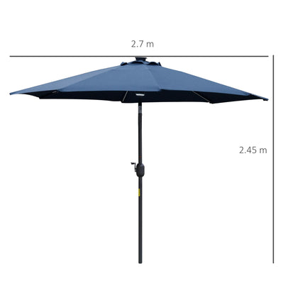2.7m Garden Parasol with Solar LED Light, Tilt Vent Canopy - Blue
