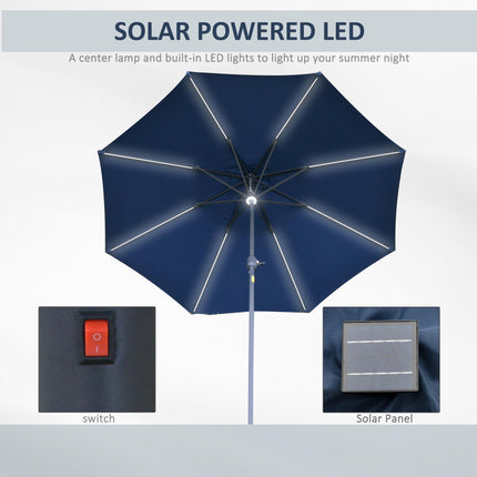 2.7m Garden Parasol with Solar LED Light, Tilt Vent Canopy - Blue