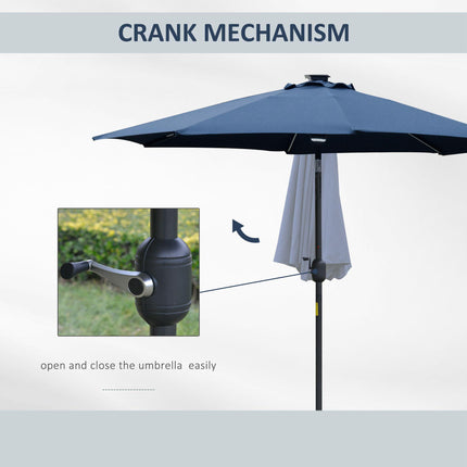 2.7m Garden Parasol with Solar LED Light, Tilt Vent Canopy - Blue