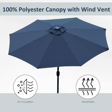 2.7m Garden Parasol with Solar LED Light, Tilt Vent Canopy - Blue
