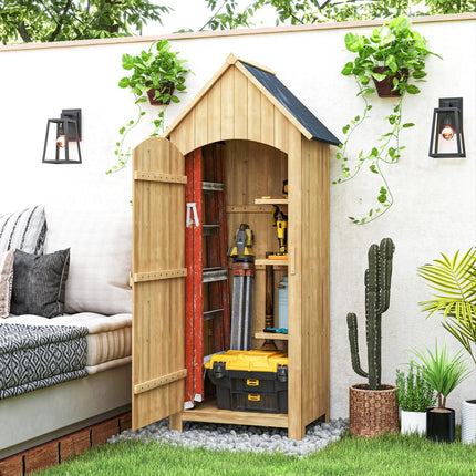 Wooden Garden Storage Shed with 3 Shelves, Outdoor Tool Storage Cabinet with Til
