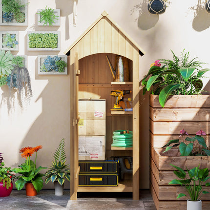 Wooden Garden Storage Shed with 3 Shelves, Outdoor Tool Storage Cabinet with Til