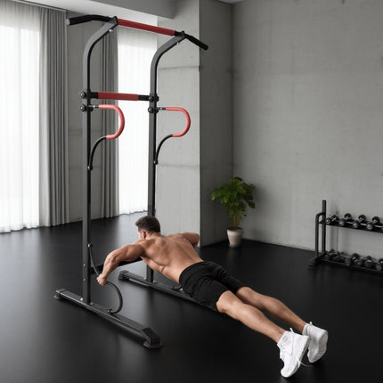 Adjustable Steel Multi-Use Power Tower Pull Up Station with Grips - Black Red