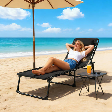 Folding Garden Lounger with 4-Position Adjustable Back, 197x58x78cm Reclining Cot - Black