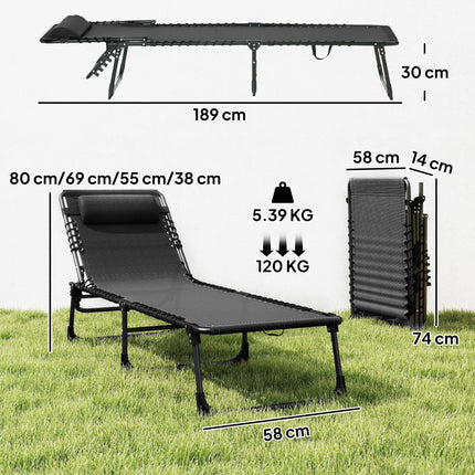 Folding Garden Lounger with 4-Position Adjustable Back, 197x58x78cm Reclining Cot - Black