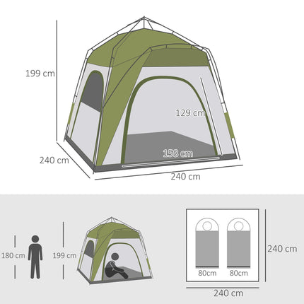 Instant Pop Up Camping Tent, 4 Man Dome Tent with 4 Doors, Sewn-in Groundsheet,