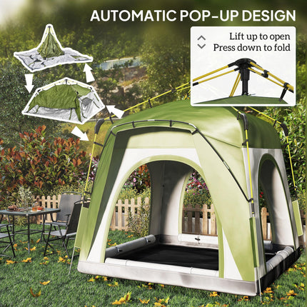 Instant Pop Up Camping Tent, 4 Man Dome Tent with 4 Doors, Sewn-in Groundsheet,