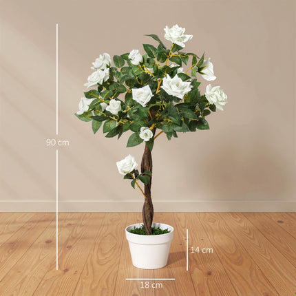 90cm Artificial Rose Tree with 21 Flowers for Indoor Outdoor Decoration - White and Green