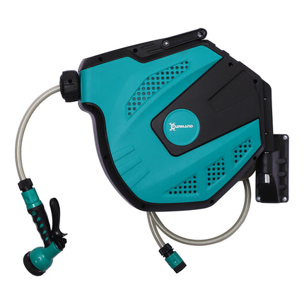 15m Wall Mounted Retractable Garden Hose Reel with 7 Pattern Spray Nozzle - Black and Green