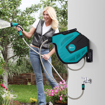 15m Wall Mounted Retractable Garden Hose Reel with 7 Pattern Spray Nozzle - Black and Green