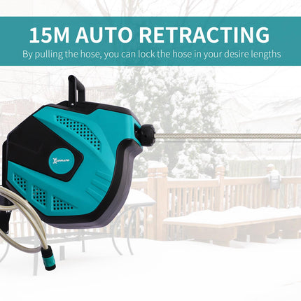 15m Wall Mounted Retractable Garden Hose Reel with 7 Pattern Spray Nozzle - Black and Green