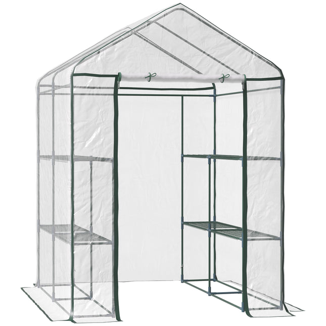 143 x 143 x 195 cm Walk-In Greenhouse with 8 Shelves, Metal Frame, PVC Cover - Green
