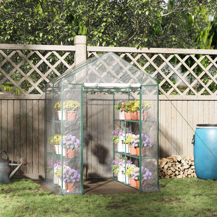 143 x 143 x 195 cm Walk-In Greenhouse with 8 Shelves, Metal Frame, PVC Cover - Green