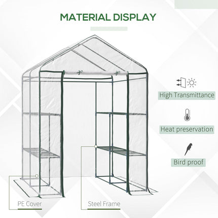 143 x 143 x 195 cm Walk-In Greenhouse with 8 Shelves, Metal Frame, PVC Cover - Green