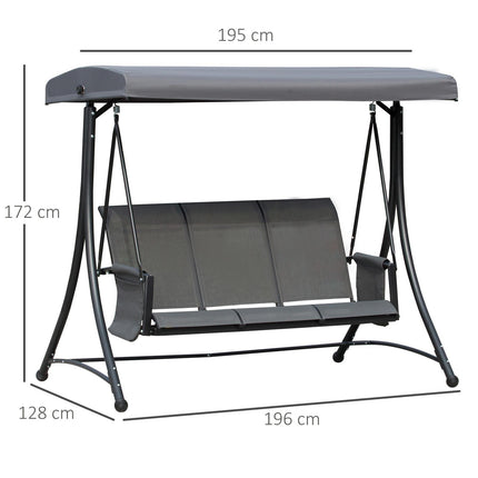 3 Person Outdoor Patio Porch Swing Chair with High Back, Adjustable Canopy & Side Pouches - Charcoal Grey