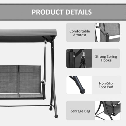 3 Person Outdoor Patio Porch Swing Chair with High Back, Adjustable Canopy & Side Pouches - Charcoal Grey