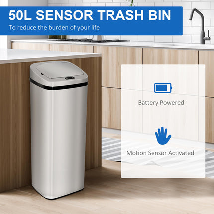 50L Infrared Touchless Automatic Motion Sensor Stainless Steel Dustbin for Home Office - Silver