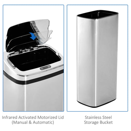 50L Infrared Touchless Automatic Motion Sensor Stainless Steel Dustbin for Home Office - Silver