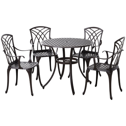 5 Piece Cast Aluminium Outdoor Garden Table and Chair Set - Brown
