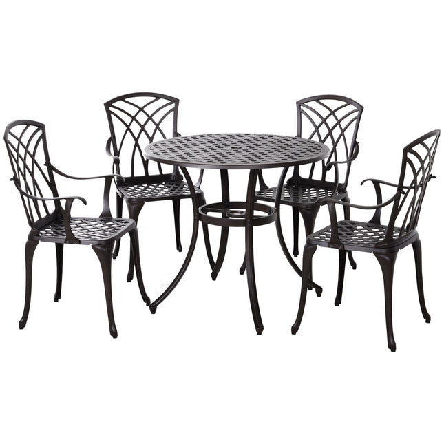 5 Piece Cast Aluminium Outdoor Garden Table and Chair Set - Brown