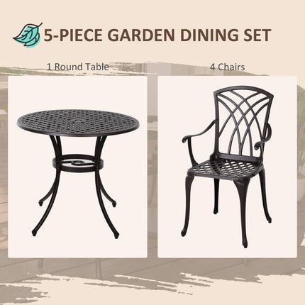 5 Piece Cast Aluminium Outdoor Garden Table and Chair Set - Brown