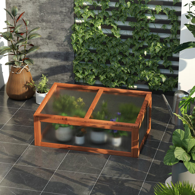 Small Wooden Cold Frame Polycarbonate Greenhouse with Openable Tilted Top Cover 100x65x40cm - Brown
