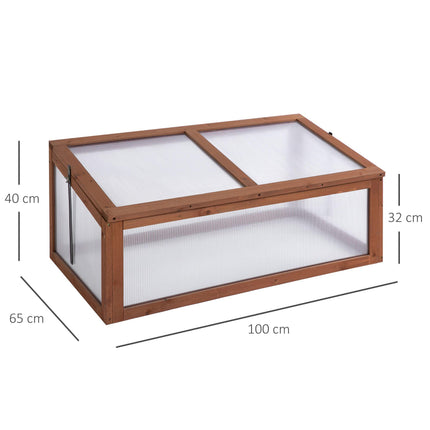 Small Wooden Cold Frame Polycarbonate Greenhouse with Openable Tilted Top Cover 100x65x40cm - Brown