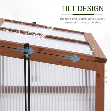Small Wooden Cold Frame Polycarbonate Greenhouse with Openable Tilted Top Cover 100x65x40cm - Brown