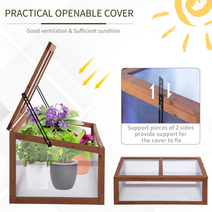 Small Wooden Cold Frame Polycarbonate Greenhouse with Openable Tilted Top Cover 100x65x40cm - Brown