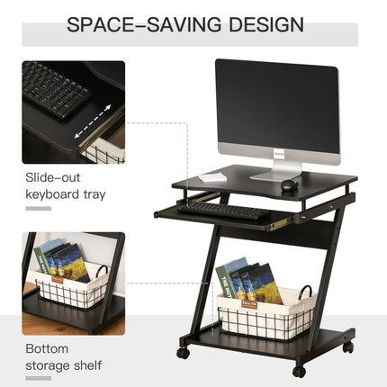 Compact Movable Small Computer Desk with Sliding Keyboard Tray and Wheels - Black