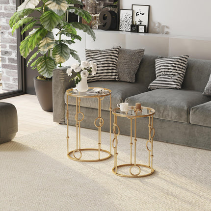 Round Nesting Coffee Tables Set of 2 with Tempered Glass Tops - Gold