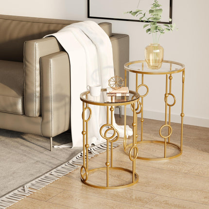 Round Nesting Coffee Tables Set of 2 with Tempered Glass Tops - Gold