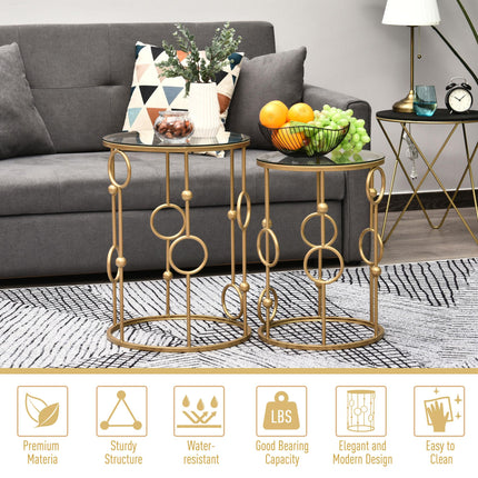 Round Nesting Coffee Tables Set of 2 with Tempered Glass Tops - Gold