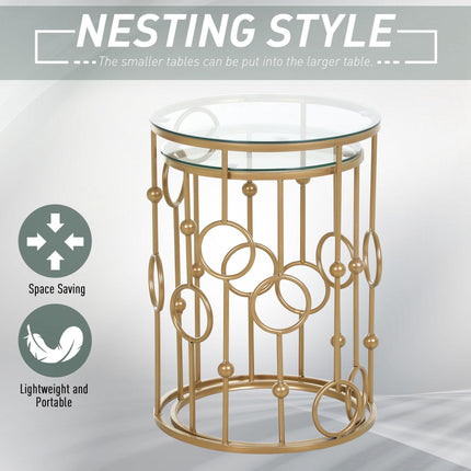 Round Nesting Coffee Tables Set of 2 with Tempered Glass Tops - Gold