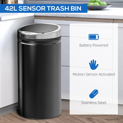42L Stainless Steel Sensor Trash Can with Removable Bucket - Black