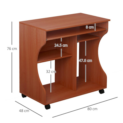 Movable Computer Desk 80x48x76cm with Sliding Keyboard Tray and Storage Shelves - Cherry Wood