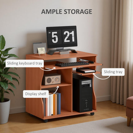 Movable Computer Desk 80x48x76cm with Sliding Keyboard Tray and Storage Shelves - Cherry Wood