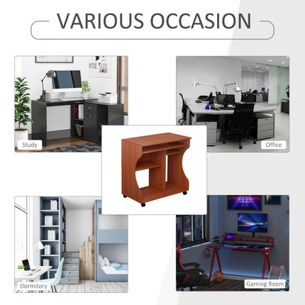 Movable Computer Desk 80x48x76cm with Sliding Keyboard Tray and Storage Shelves - Cherry Wood