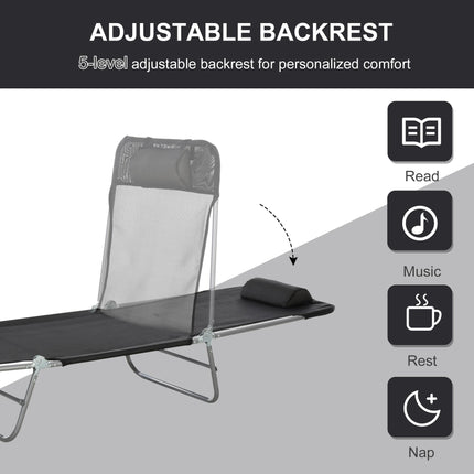 Folding Adjustable Sun Lounger Chair with Pillow for Garden Patio Outdoor - Black