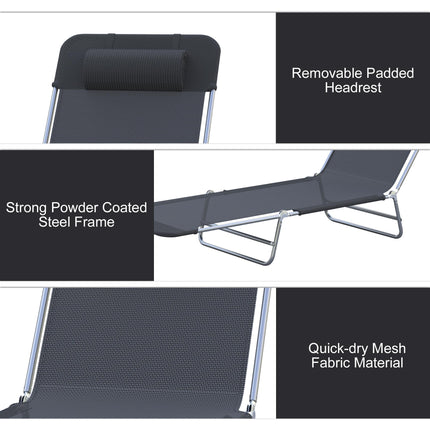 Folding Adjustable Sun Lounger Chair with Pillow for Garden Patio Outdoor - Black