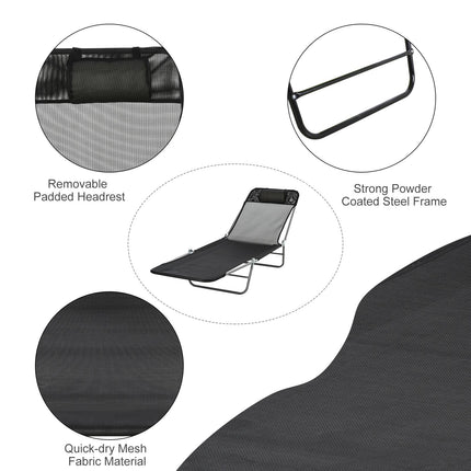 Folding Adjustable Sun Lounger Chair with Pillow for Garden Patio Outdoor - Black