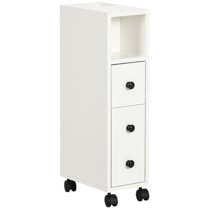 Slimline Bathroom Storage Unit with Two Drawers and Wheels - White