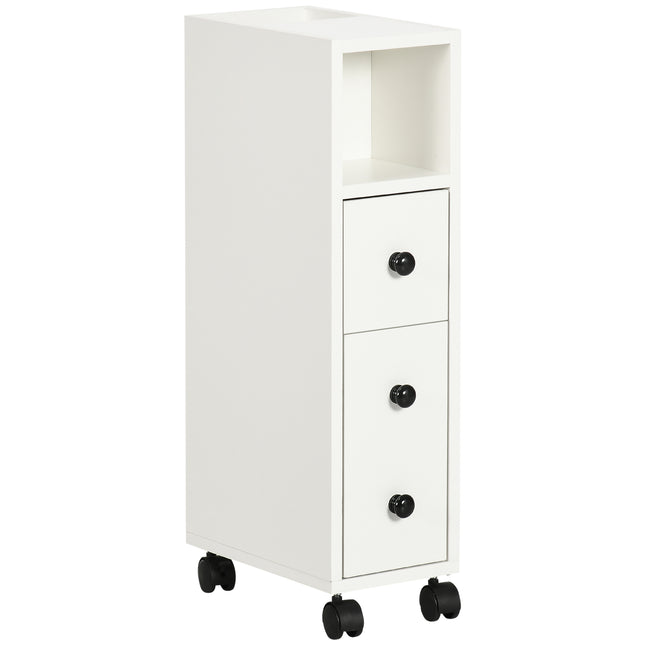 Slimline Bathroom Storage Unit with Two Drawers and Wheels - White